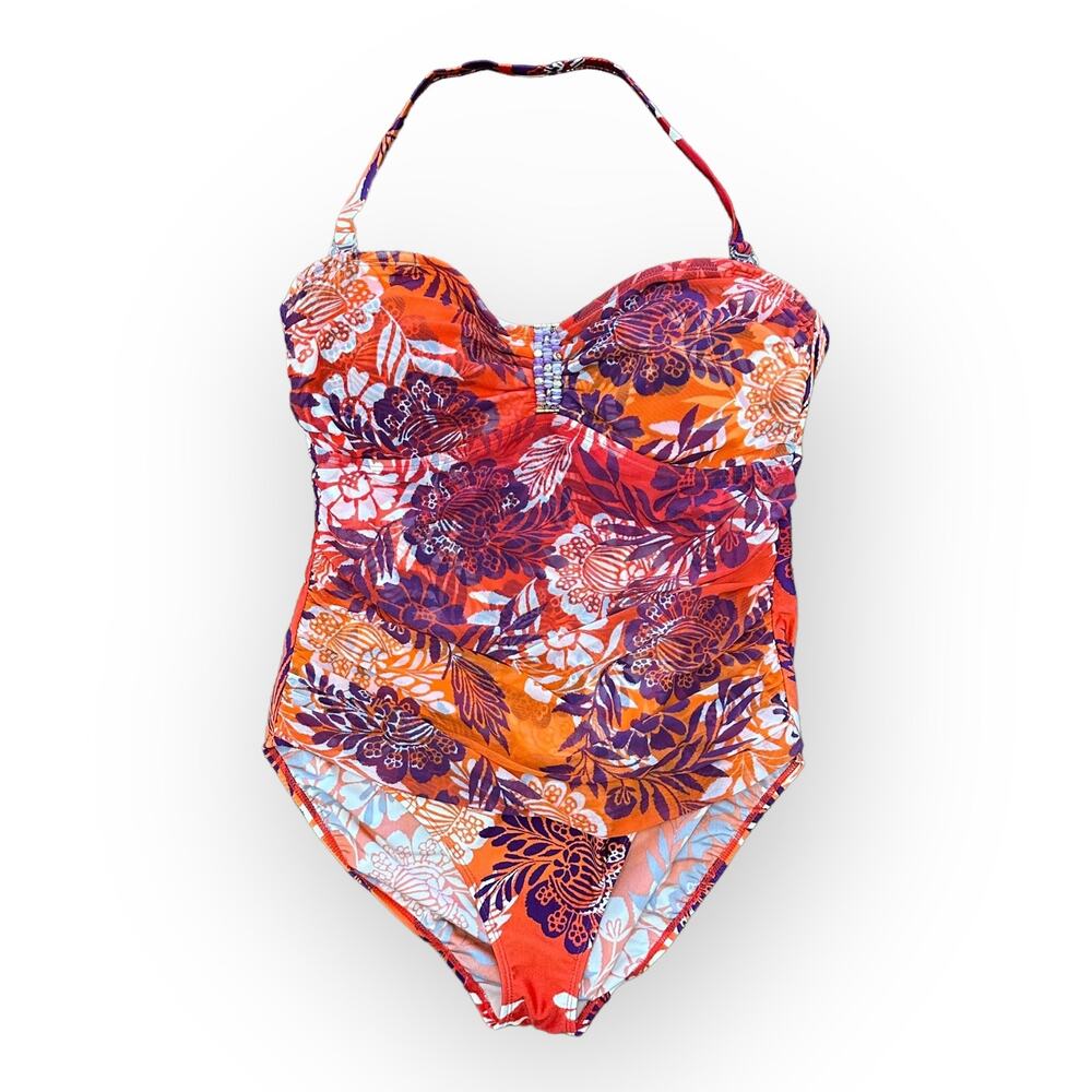 Jaclyn Smith Halter Swimsuit Red‎ Purple Beaded NWOT  Size 14